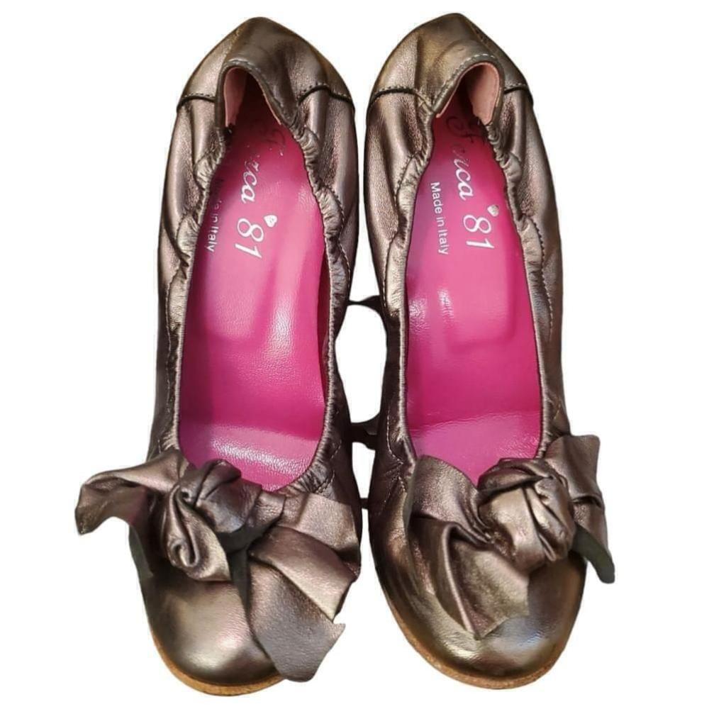 FERCA 81 Bronze Metallic Leather Ballet Pumps Wood Spool Heels & Bows (Size 36)
